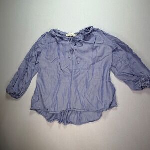 LOFT Petites XSP Blue White Striped Ruffle Tie Neck Bishop Sleeve Peasant Blouse